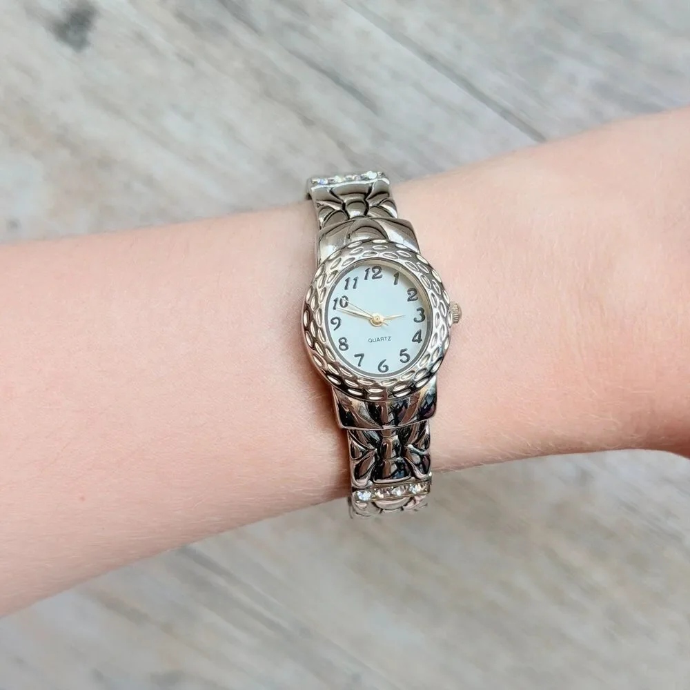 Vintage Silver Tone Cuff Bracelet Watch Floral Stretch Bangle Quartz Antique